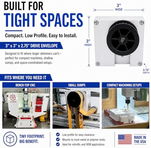 R.S. Belt Oil Skimmer, Mechanical Tramp Oil Removal for CNC Coolant Tanks, Machine Sumps, Parts Washers and Industrial Fluid Tanks (12" Reach - No Switch)