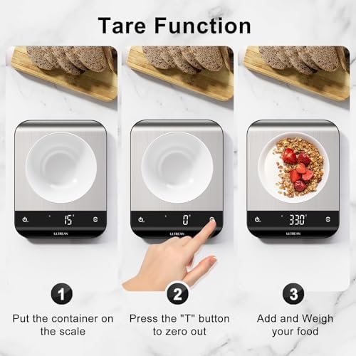 Ultrean Smart Food Kitchen Scale with Nutritional Calculator, App for Macro & Calorie Tracking, AI Scan, Digital Grams and Ounces for Weight Loss, Rechargeable, Stainless Steel, 33lb /15kg