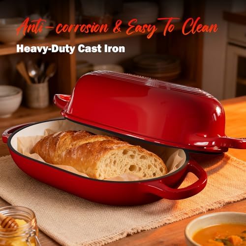 Enameled Cast Iron Sourdough Bread Oven, Dutch Oven, incl. Sourdough Bread-Baking Supplies like Banneton Bread-Proofing Basket - 5QT Loaf Cast Iron Bread Pan for Homemade Bread Baking, Red Meatloaf Pan with Lid