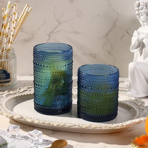 Moretoes Blue Hobnail Drinking Glasses Set of 16 Glass Cups