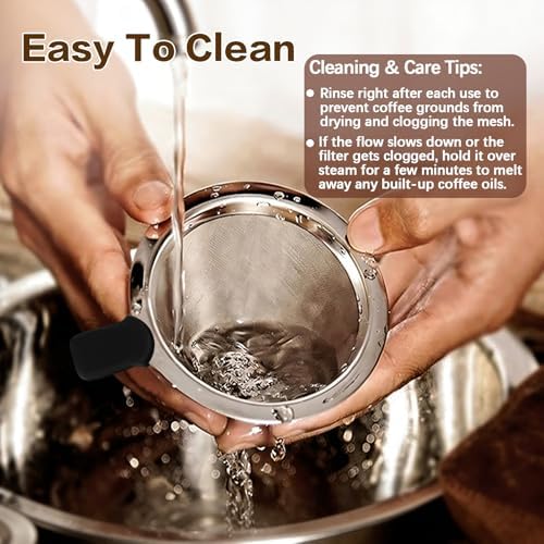 Large Size Pour Over Coffee Dripper, Stainless Steel Coffee Filter, Paperless Reusable Coffee Filter, Double Micromesh 600 Mesh Strainer Coffee Maker with Heat-Resistant Silicone Handle & Base