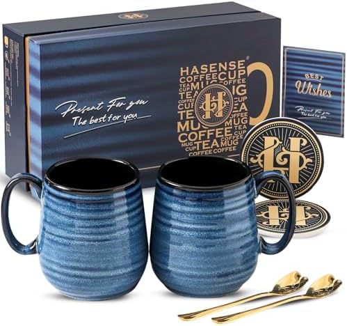 HASENSE Coffee Mugs Gift Set, 20 oz Ceramic Coffee Cups for Men and Women, Premium Large Tea Cups Gift Box with Coaster & Gold Spoon, Blue Couple Mugs for Wedding Holiday