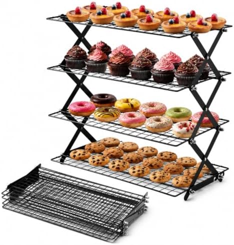 4 Tier Collapsible Cooling Racks for Baking, Adjustable Wire Cooling Rack, Stackable Roasting Cooking Drying Cooling Racks for Cookies, Bread and Picnic Party Must Haves