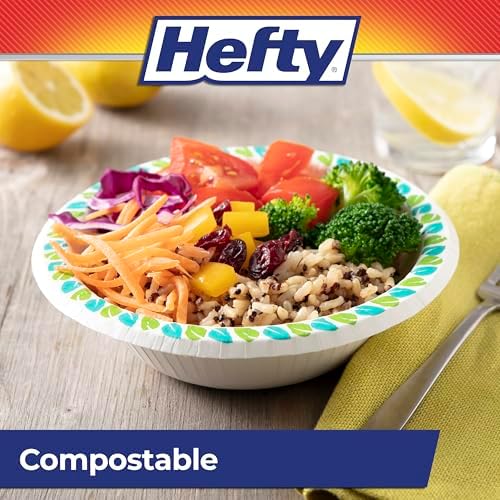 Hefty Compostable Paper Bowls, 12 oz,Patterned Disposable Bowls for BBQs,Parties,Holidays,Potlucks,and Everyday Use,Soak-Resistant,Made with Plant-Based Materials,Microwave Safe,30 Count (Pack of 8)