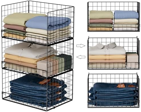 Yociyoga 3-Tier Stackable Closet Organizers and Storage Shelves, Foldable Closet Shelf Organizer, Stackable Storage Bins Drawers for Closet Organizer System, Black(Patent No. 30022416)
