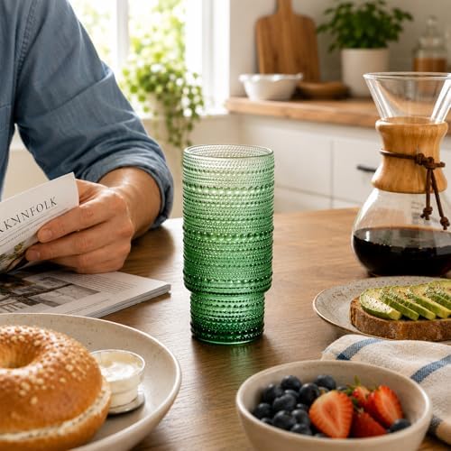 Large Capacity 16 oz Hobnail Drinking Glasses Set of 12, Vintage Glassware Drinking Glasses, Gradual Green Water Glasses Tumbler, Cups for Kitchen, Juice, Beer, Cocktail