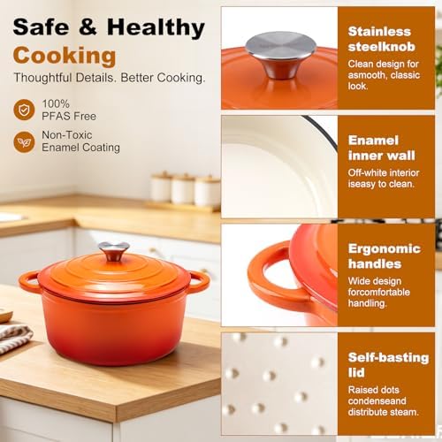 7-QT Enameled Cast Iron Round Dutch Oven With Lid,Oven safe,Orange