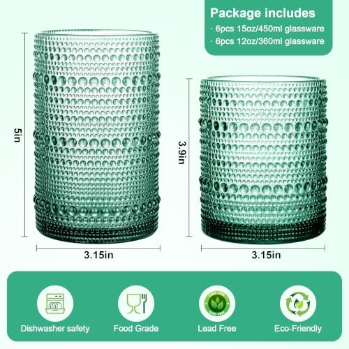 KMIGRUAN Hobnail Drinking Glasses Set of 12, 15Oz & 12Oz Cocktail Glasses