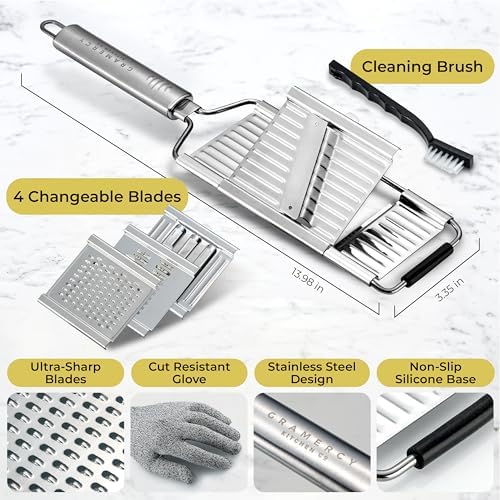Gramercy Handheld Mandoline Slicer for Kitchen, Stainless Steel, 4 Blades