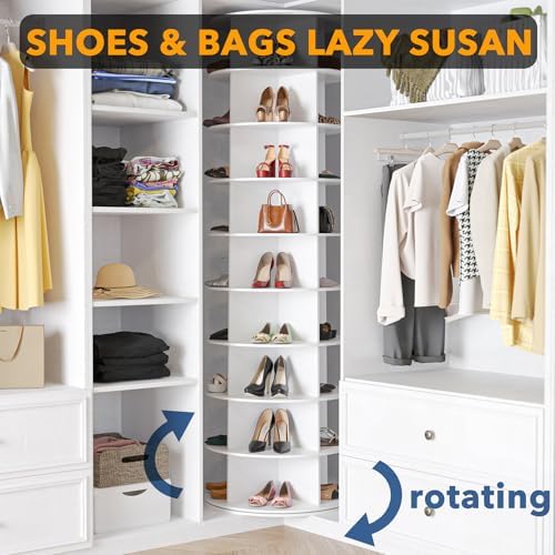 SpaceAid 9 Tier Rotating Shoe Rack Tower, Spinning Shoe Display Lazy Susan, Revolving 360 Shoe Rack Storage Round Carousel, Vertical Handbag Rotate Shoes Closet Organization (9-Tier White)