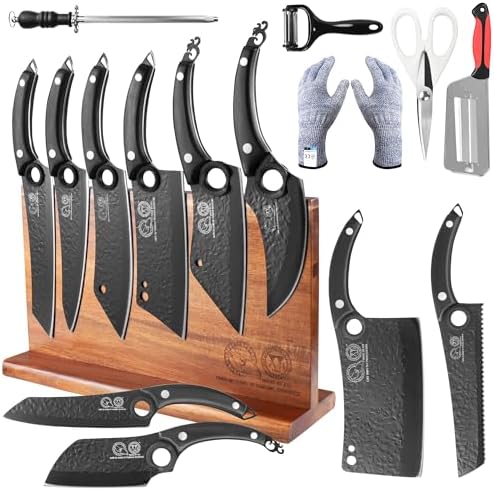 XYJ Knife Block Set, 10 Pieces Kitchen Knives with Magnetic Knife Block