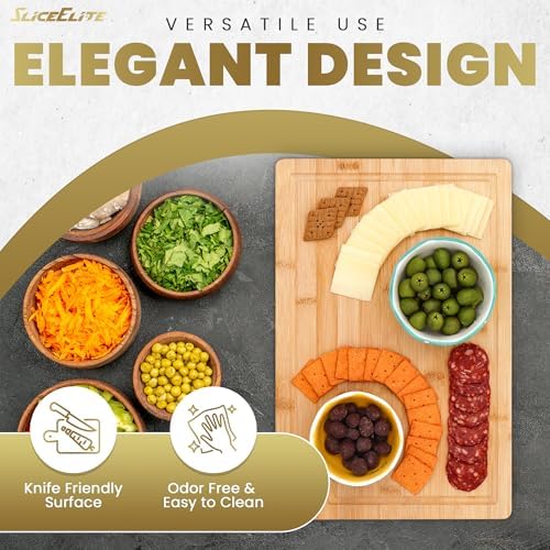 SliceElite Wood Cutting Board - 3 Piece Bamboo Cutting Board Set, Wooden Cutting Boards for Kitchen with Deep Juice Groove, Side Handles - Wood Chopping Boards for Meal Prep, Meat, Vegetables