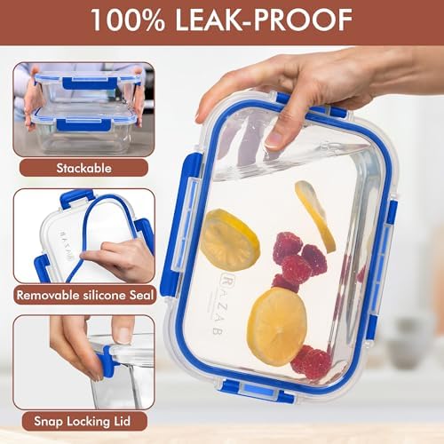 Razab 2 Pcs 1860ml / 63 Oz Large Glass Food Storage Containers with Lids - Glass Meal Prep Containers with Locking Lids for Roasting, Storing Leftover, Lunch Container, BPA Free, Microwave & Oven Safe