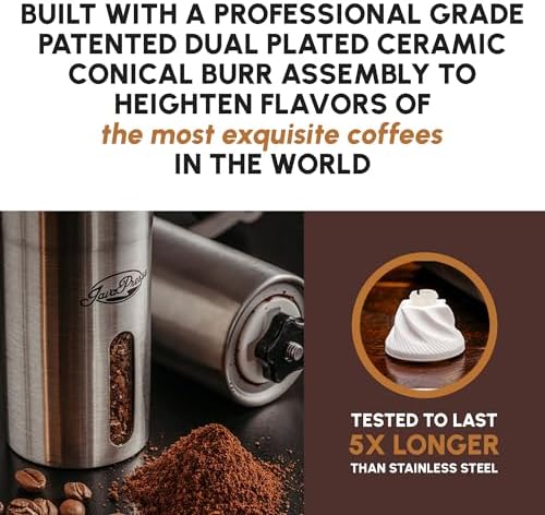 JavaPresse Manual Stainless Steel Coffee Grinder - 18 Adjustable Settings, Portable Conical Burr Grinder for Camping, Travel, Espresso - With Hand Crank