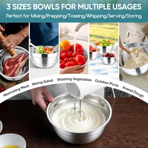 Herogo Stainless Steel Mixing Bowls with Lids Set of 3, 1.5/3/4.6Qt, Blue