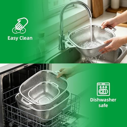 6QT stainless steel filter pot with handle - square metal kitchen filter, used for draining spaghetti and vegetables, microporous high foot, dishwasher washable, gift box packaging (6QT)