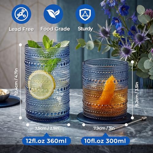 Hobnail Drinking Glasses Set of 12 Kitchen Glass Cups Glassware, Blue