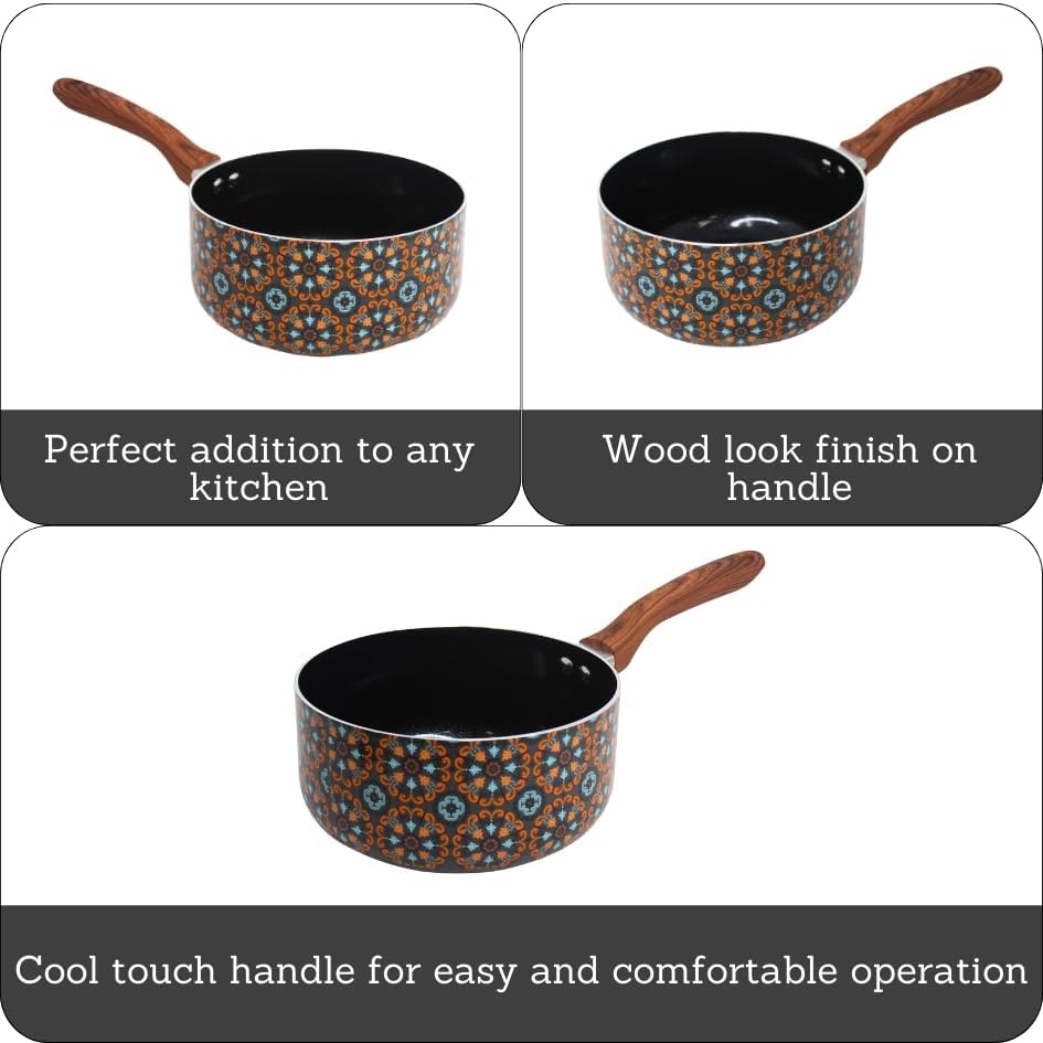 IMUSA 2 Qt Talavera Aluminum Black Ceramic Saucepan with Woodlook Handle