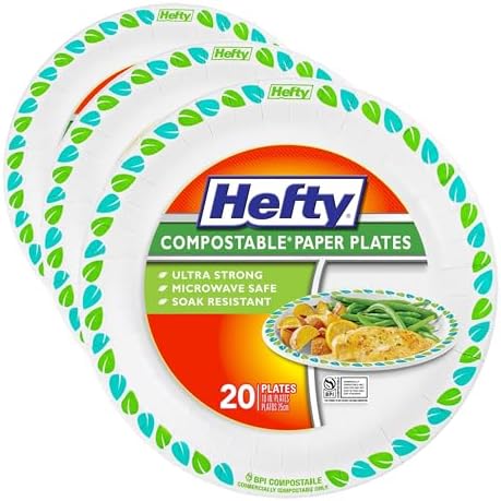 Hefty Compostable Paper Plates, 10 Inches, 20 Count, Patterned Disposable Plates for BBQs, Parties, Holidays, and Everyday Use, Soak-Resistant, Made with Plant-Based Materials, Microwave Safe