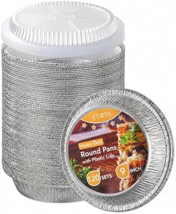 CURTA 9" Round Aluminum Foil Pans with Clear Lids | Heavy Duty | Great for Broiling, Baking, Storage, Roasting, Takeout, Air Fryer | 120 Pack
