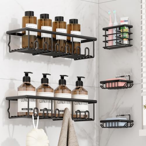 5 Pack Adhesive Bathroom Holders & Dispensers for Kids & Adults, Black