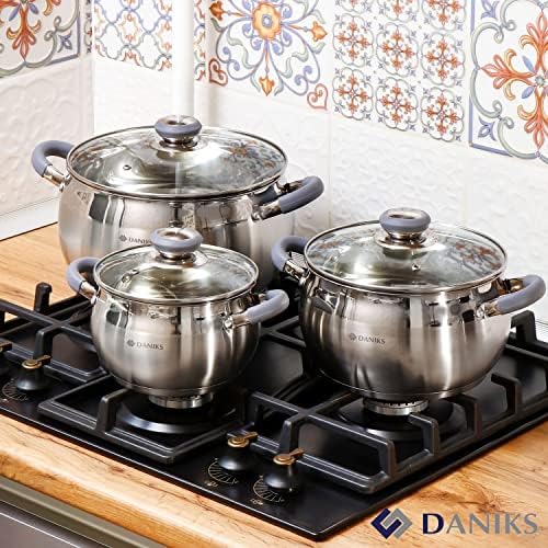 Daniks Modern 4 Quart Stainless Steel Stock Pot with Glass Lid, Tri-Ply Bottom for Even Heating, Induction Compatible, Dishwasher Safe, Heatproof Handles