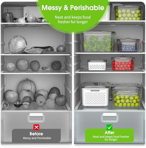 BOICHU Fruit Storage Containers for Fridge with Colander, Vent, Handle Lids