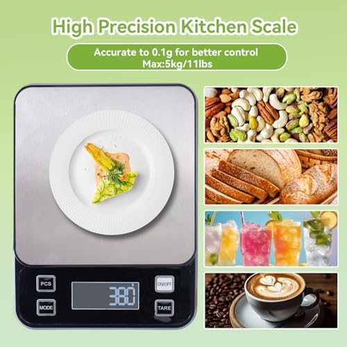 IP67 Waterproof Kitchen Scale, 5kg/11lb Capacity 0.1g Precision, Kitchen Scales Digital Weight Grams and Ounces,Battery Powered with 5 Units Conversion - Food Scales for Kitchen Essentials