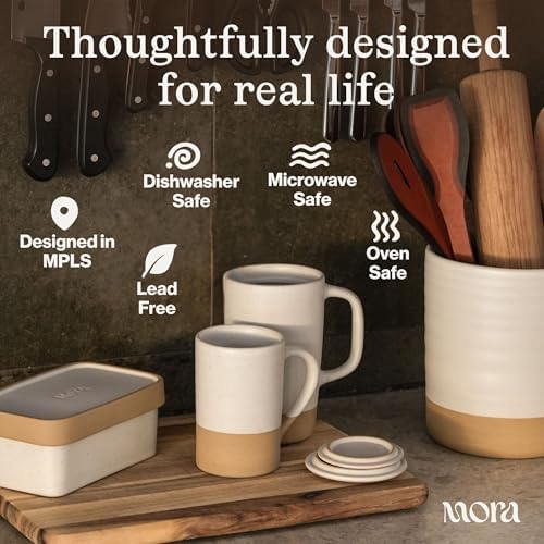 MORA Ceramics Large Tea Mug with Loose Leaf Infuser and Ceramic Lid, 18 oz, Portable, Microwave, Dishwasher Safe, Tall Coffee Cup - Rustic Matte Ceramic Glaze, Modern Herbal Tea Strainer, Iris