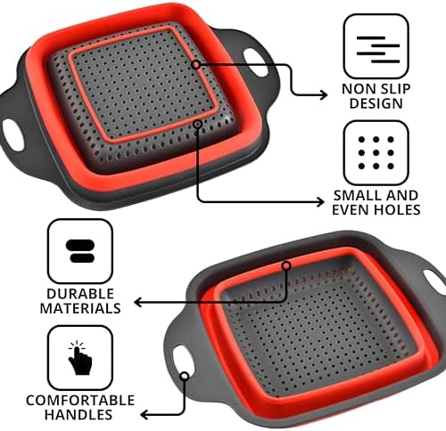 Square Collapsible Colander with Handles – Red Square Silicone Kitchen Strainers with Plastic Handles Foldable Kitchen Strainer Perfect for Draining Pasta Vegetable and Fruit Red