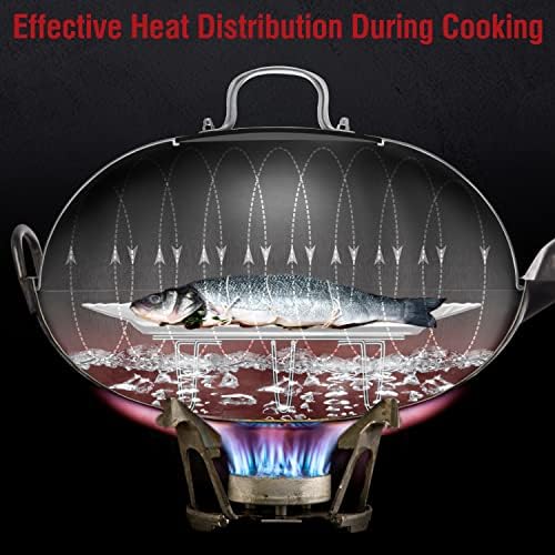 YOSUKATA Black Carbon Steel Wok Pan 14“ (Round Bottom) + Wok Lid 13.6 Inch - Premium Stainless Wok Cover with Tempered Glass Insert Steam Holes and Ergonomic Handle