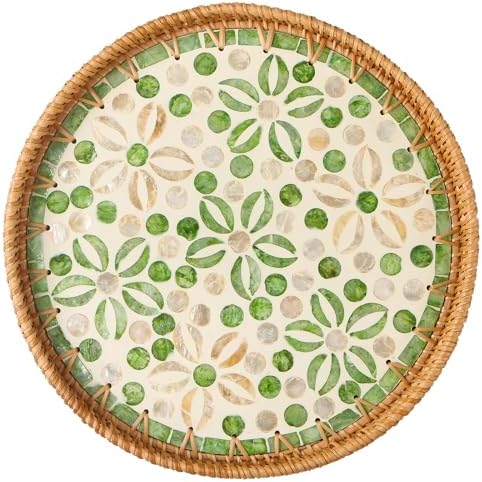 Round Rattan Tray with Mother of Pearl Inlay, Decorative Wicker Serving Tray with Wooden Base, Woven Basket Trays for Bread Fruits Coffee, Starfruit