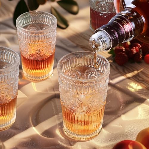 Loivttvv 6pcs Vintage Drinking Glasses Set, 12 oz Clear Highball Glasses, Embossed Ribbed Glassware Cups for Cocktail, Water, Juice, Coffee, Whiskey