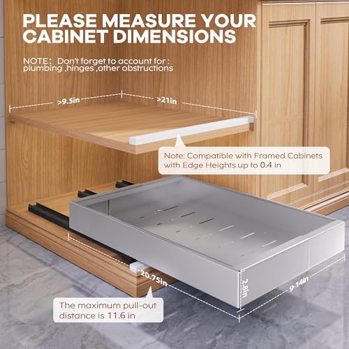 Seinloes 2 Pack Expandable Pull Out Cabinet Organizer 21" Deep with Raising Pad for Framed Cabinets,Upgrade 3 Slide Rails Slide Out Drawers,Roll Out Shelves Adhesive,Adjustable Width 9"-14.1" Silver