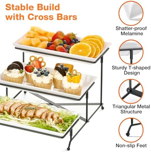 Mfacoy 3 Tier Serving Tray Set, 12" Tiered Serving Trays Platters, Reusable Serving Tray for Party, Collapsible Sturdier Stand with Stable Cross Bars, Serving Platters for Veggie, Fruit, Dessert