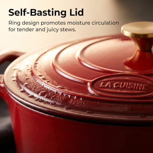 La Cuisine Enameled Cast Iron Oval Dutch Oven Casserole Dish Pot with Lid 6.75 QT Internal Matt Black Enamel Coating Gold-Plated Stainless Steel Lid Handle Oven Safe Cranberry