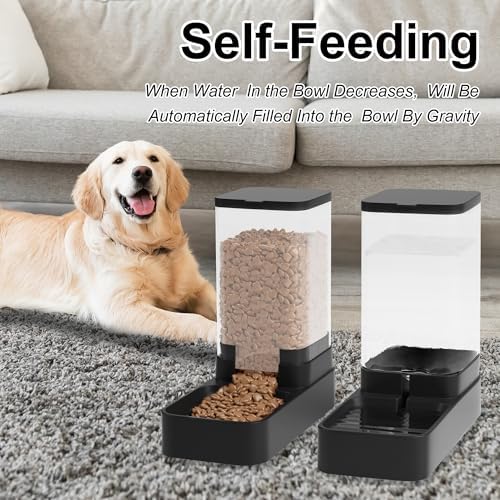 Automatic Cat Feeder and Water Dispenser in Set with Pet Food Bowl,Gravity Dog Waterer and Food Feeder for Small Medium Dog Cat Puppy Kitten Large Capacity(3.8L,Black)
