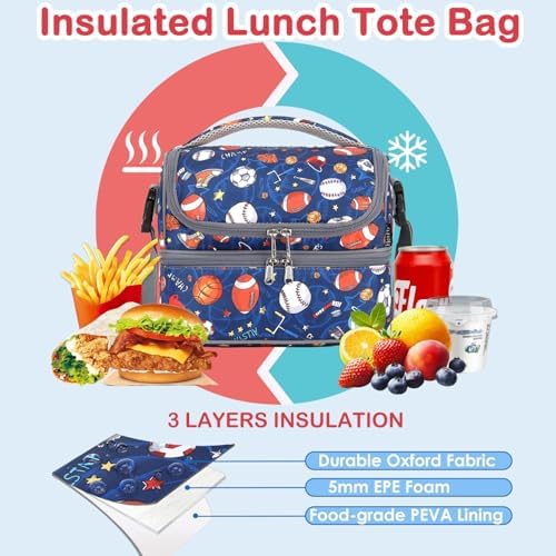 FlowFly Double Decker Cooler Insulated Lunch Bag Large Tote for Boys, Girls, Men, Women, With Adjustable Strap, Football