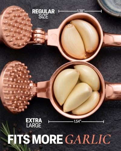 Zulay Kitchen Large Premium Garlic Press Set - Bigger Bowl for Bigger Garlic - Rust Proof Garlic Mincer Tool - Easy-Squeeze, Easy-Clean Silicone Garlic Peeler & Brush (Rose Gold)