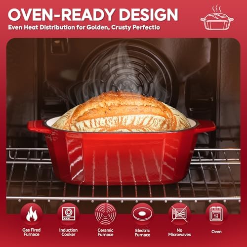 Enameled Cast Iron Dutch Oven for Bread Baking – 3QT Oval Round Heavy Duty Bread Pan with Lid, Non-Stick Ceramic Coating,Loaf Cast Iron Bread Oven for Sourdough, Baking, Roasting, Braising, Stovetop & Oven Safe