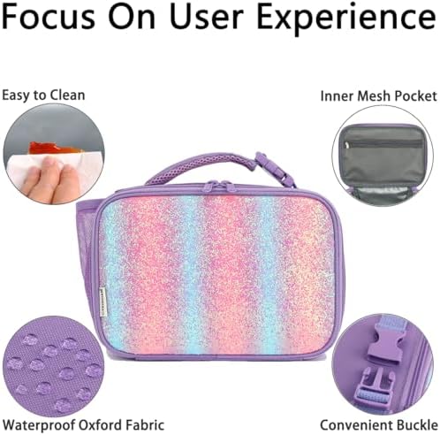 GYEUKHAM Insulated Lunch Box for School, Thermal Reusable Durable Freezable Lunch Bags for Kids Boys Girls Men Women - Small Soft Cooler Portable Lunch Tote Kit for Work Picnic Travel,Purple Glitter