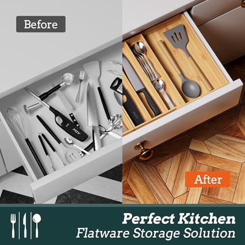 Bamboo Expandable Silverware Drawer Organizer, 11 Slots Utensil Holder