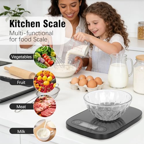 Food Scale, Digital Kitchen Scale with 5 Units LCD Display and Tare Function,Compact Design for Baking,Healthy Cooking,Meal Prep, 11lb Stainless Steel (Black)