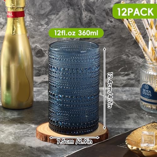 Moretoes12 Pack 12 Oz Blue Hobnail Drinking Glasses Set Water Glass Cups