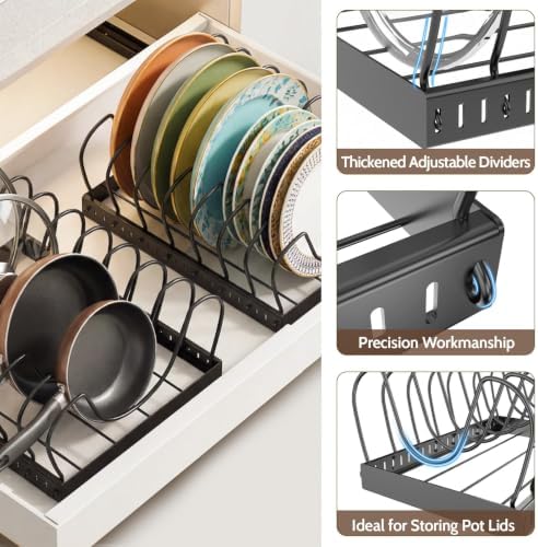 NomNest 2PACK Large Pot Lid Organizers Inside Cabinet, Pots and Pans Organizer Under Cabinet with 16 Adjustable Dividers for Kitchen, Countertop Pan Lid Holder, Rust-Resistant Lid Storage