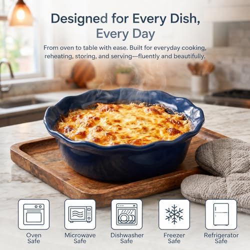 ONEMORE Pie Pans, 6.8 inch Small Chicken Pot Pie Plates 16 oz Deep Dish Pie Pan Ceramic Baking Plates for Dessert Oven Safe Round Baking Dish Pans Set of 4 - Blue