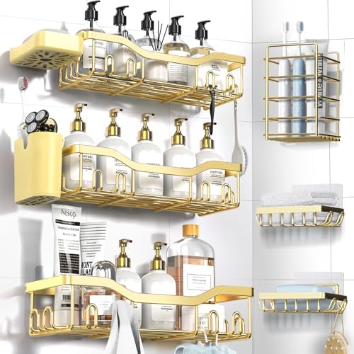 NESOMI Shower Caddy Adhesive Shower Organizer 8-Pack, Rustproof Stainless Steel Bathroom Shelves, Large Capacity No-Drill Rack Storage Accessories with Soap Dish Toothbrush Holder Hooks