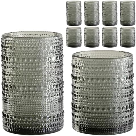 ZMOWIPDL 12oz & 15oz Hobnail Drinking Glasses,Grey Glass Cups Set of 8