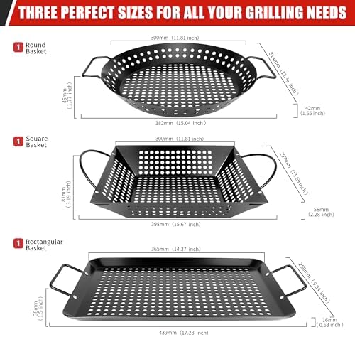 Qetumst Large 3 PCS Grill Basket Set for Outdoor Grill, Veggie Grilling Pan