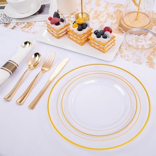 WELLIFE 350PCS Clear-Gold Plastic Plates - 100 Disposable Plates, 150Plastic Silverware, 50 Cups, 50 Napkins for Wedding & Party